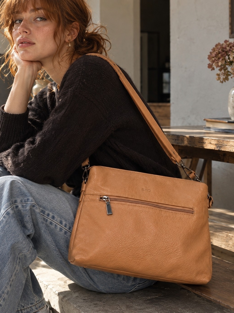 S.Q Tan Pebbled Crossbody Shoulder Bag | Minimalist